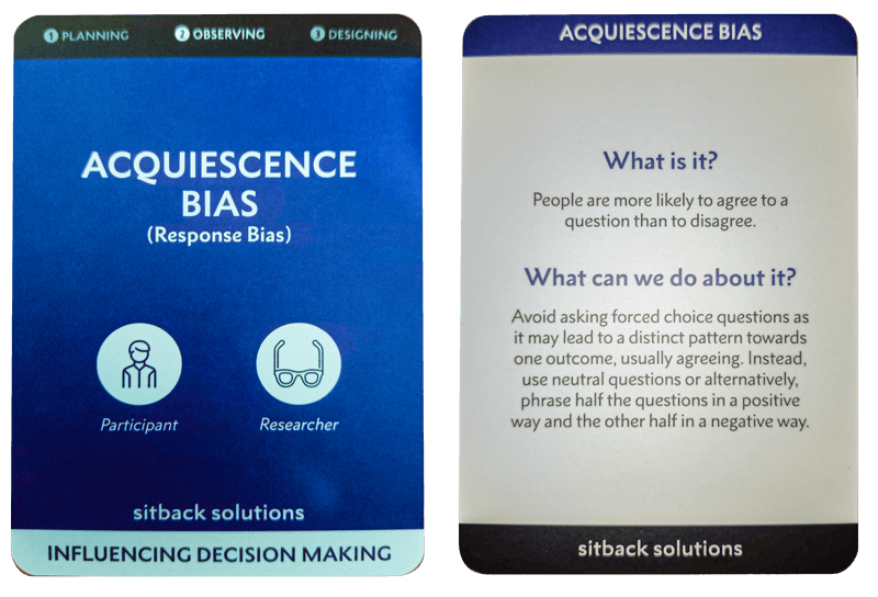 Side by side Acquiescence bias card decision making activities for adults